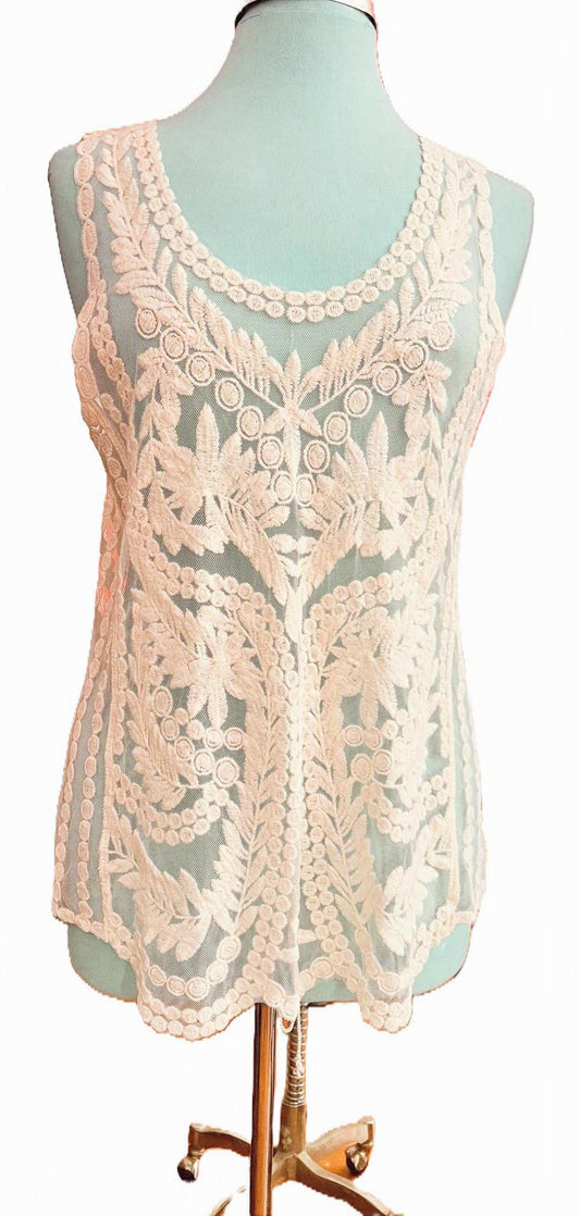 Capri Ivory Embroidered Lace Mesh Sleeveless Tunic Top Size Medium