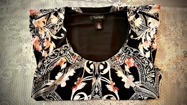 WH/BM Black Ornate Floral Scroll Print Cap Sleeve Top