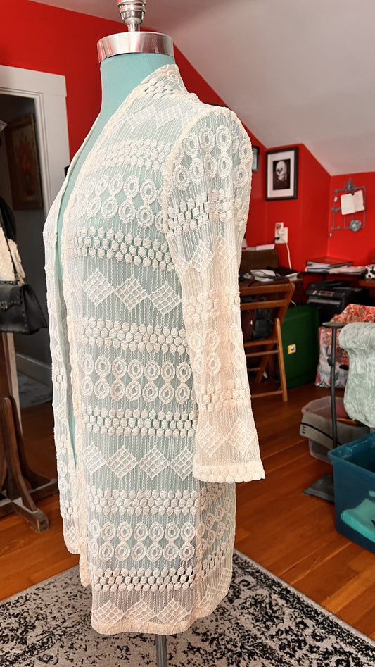 Chico’s Travelers Collection White Lace Open-Front Cardigan — Size 0