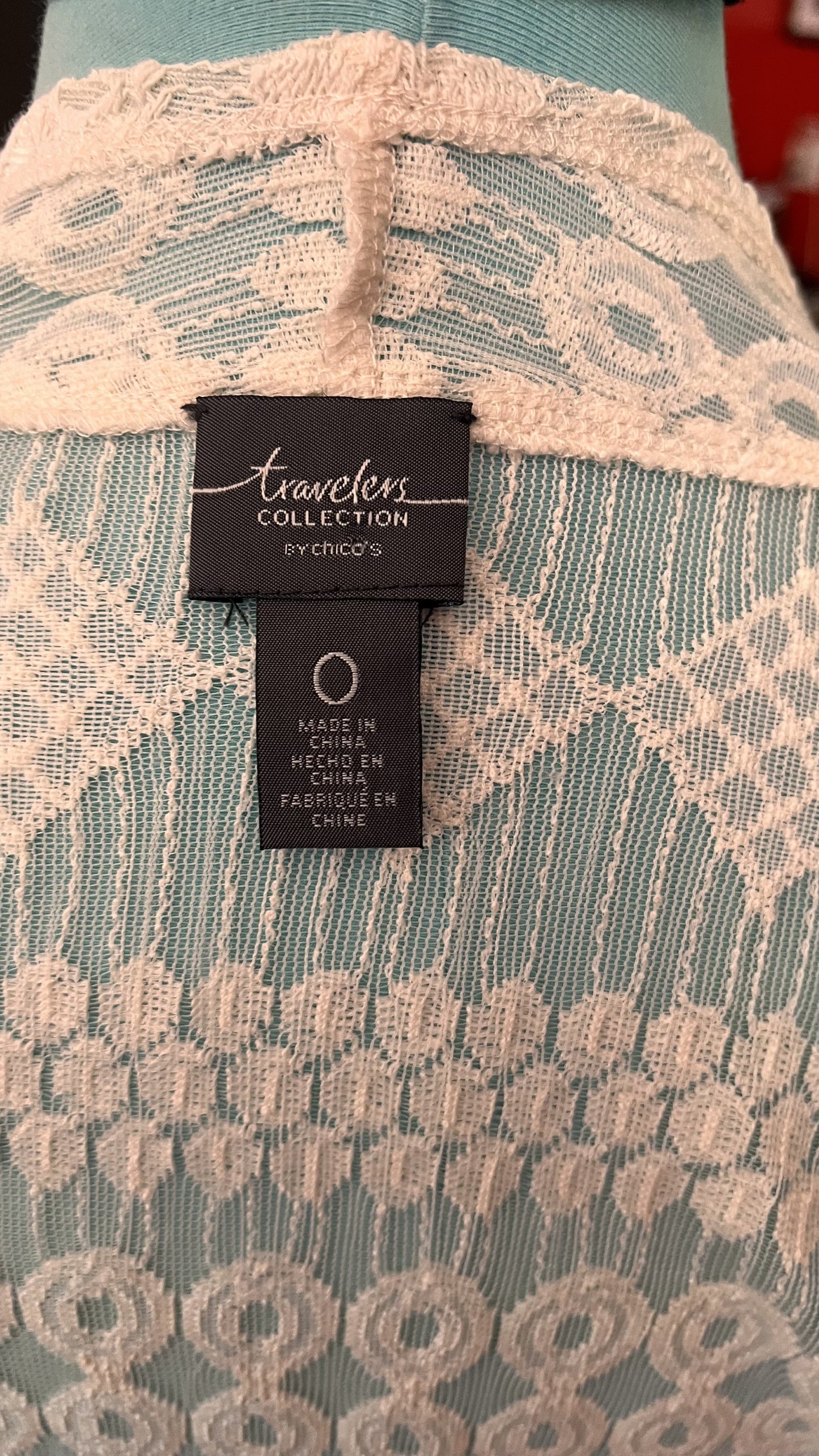 Chico’s Travelers Collection White Lace Open-Front Cardigan — Size 0