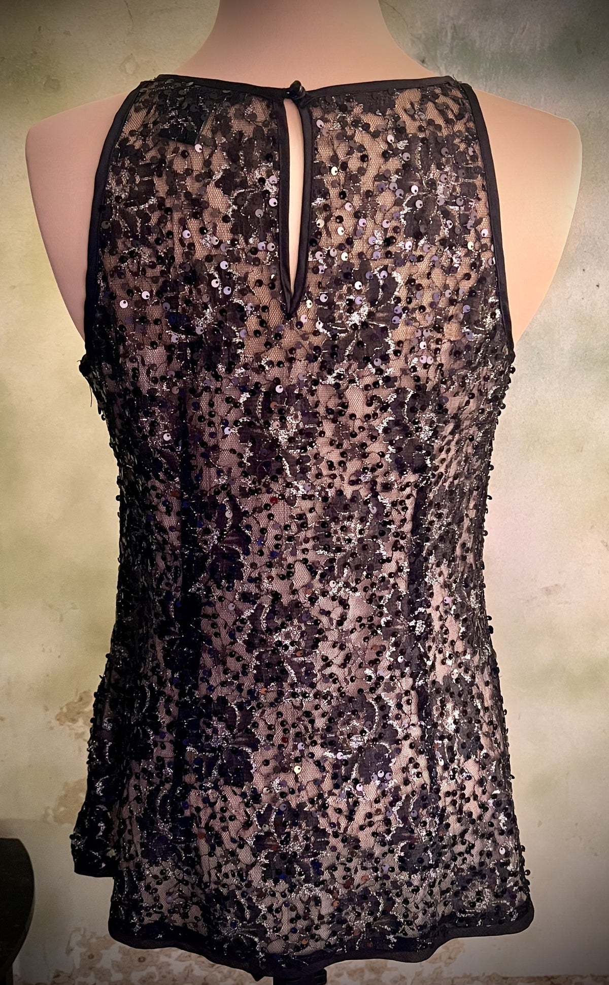 White House Black Market XS Black Lace Sequin Sheer Cocktail Top