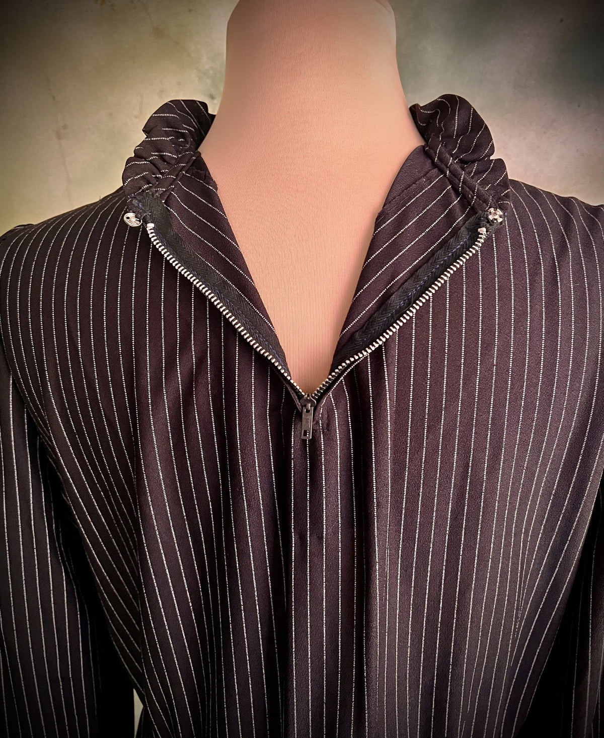 Vintage Handmade Black Pinstripe Midi Dress Ruffle Neck Long Sleeve