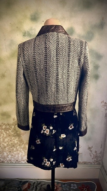 Milly New York Herringbone Cropped Jacket Leather Trim Size Small