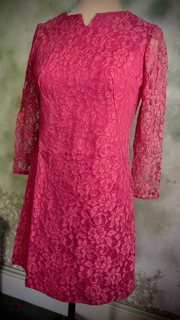 Vintage 60s 70s Hot Pink Lace Mini Cocktail Dress