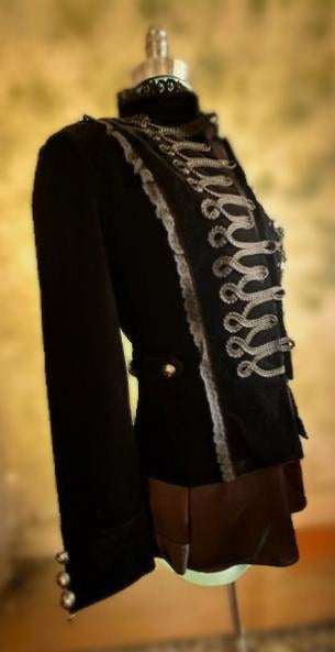 Black Velvet Military Jacket with Braided Trim & Silver Buttons