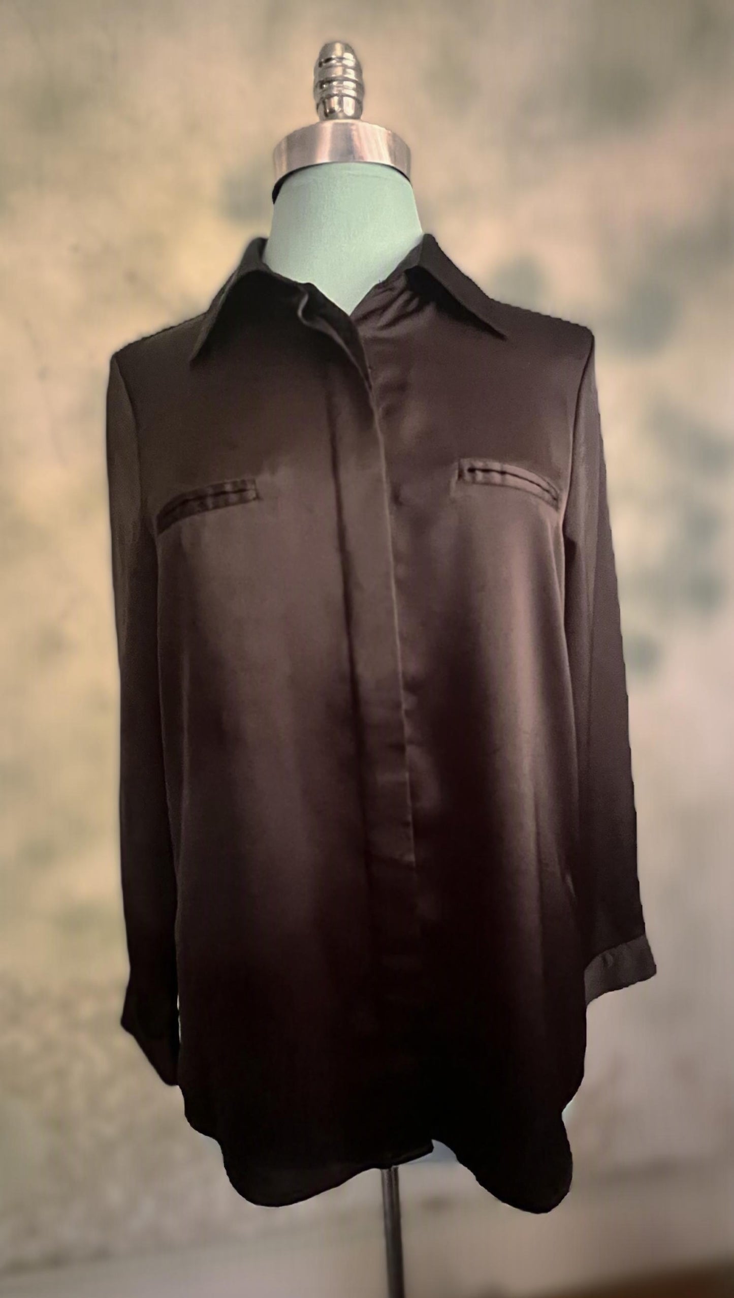 Black Satin Long Sleeve Tunic Blouse – Hidden Button Front - Size Small