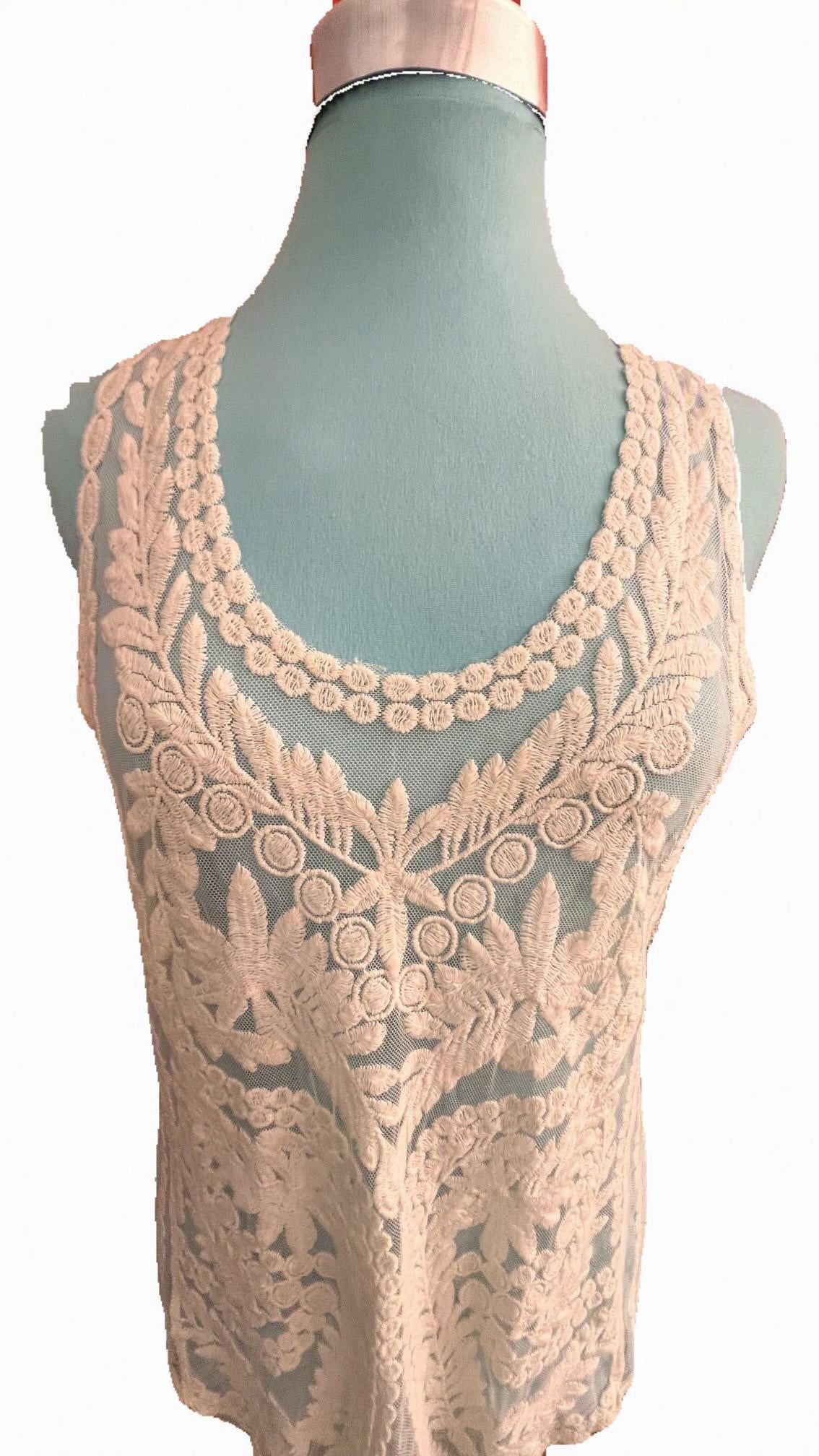 Capri Ivory Embroidered Lace Mesh Sleeveless Tunic Top Size Medium
