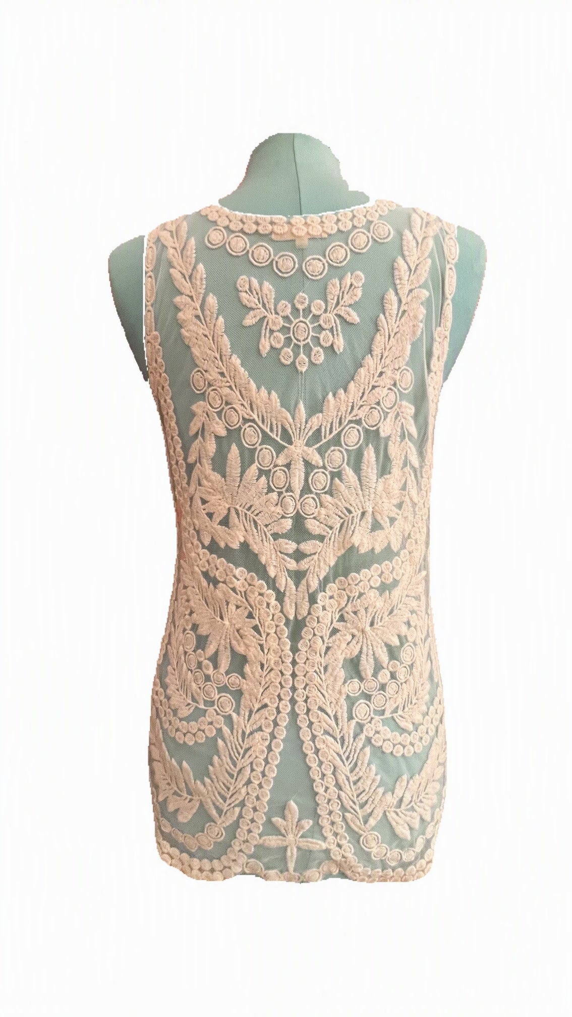 Capri Ivory Embroidered Lace Mesh Sleeveless Tunic Top Size Medium