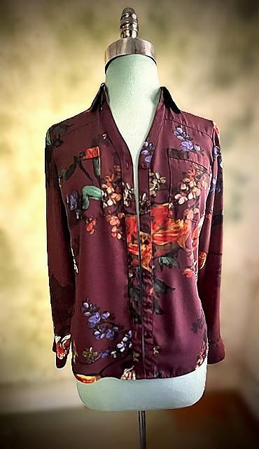 Express Burgundy Floral Satin Button-Down Blouse – XS