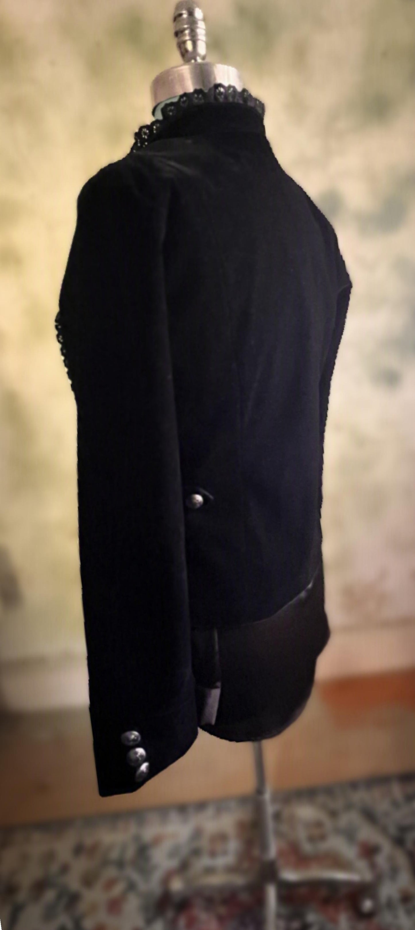 Black Velvet Military Jacket with Braided Trim & Silver Buttons