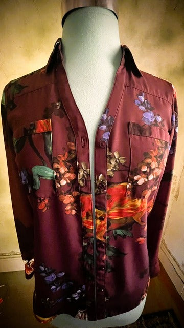 Express Burgundy Floral Satin Button-Down Blouse – XS