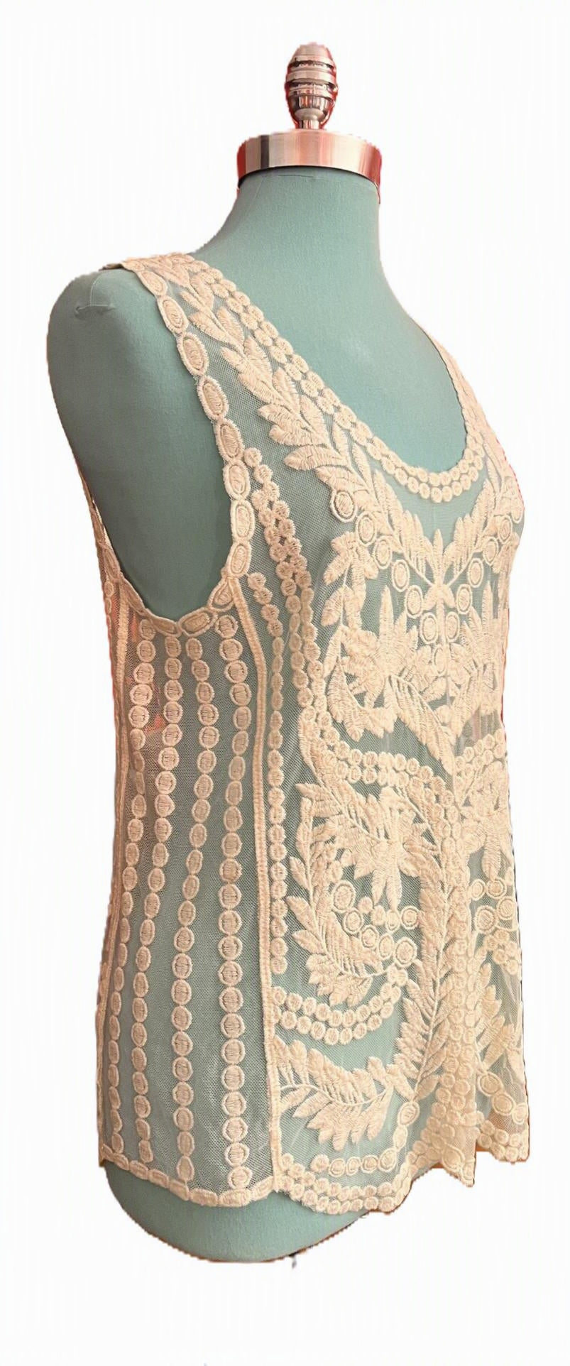 Capri Ivory Embroidered Lace Mesh Sleeveless Tunic Top Size Medium