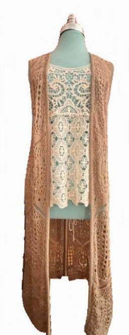 Chelsea & Theodore Long Crochet Open-Front Sweater Vest Size Medium Boho Duster