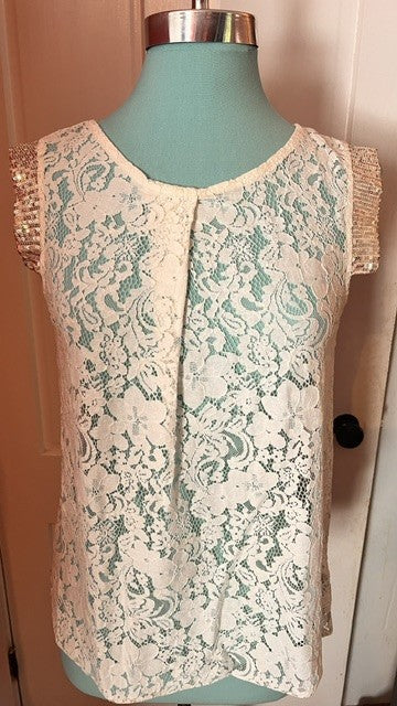 Civico 51 Made in Italy Ivory Lace Blouse Size Small Sequin Cap Sleeves