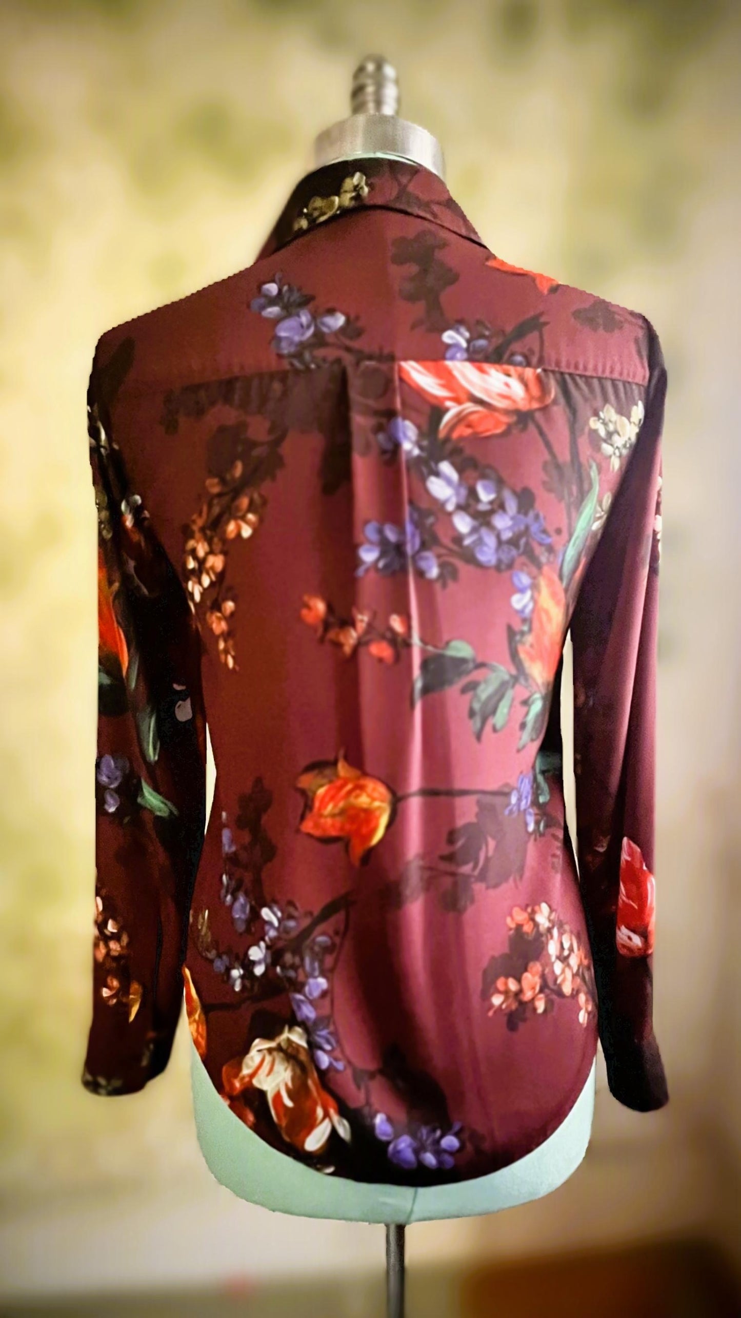 Express Burgundy Floral Satin Button-Down Blouse – XS