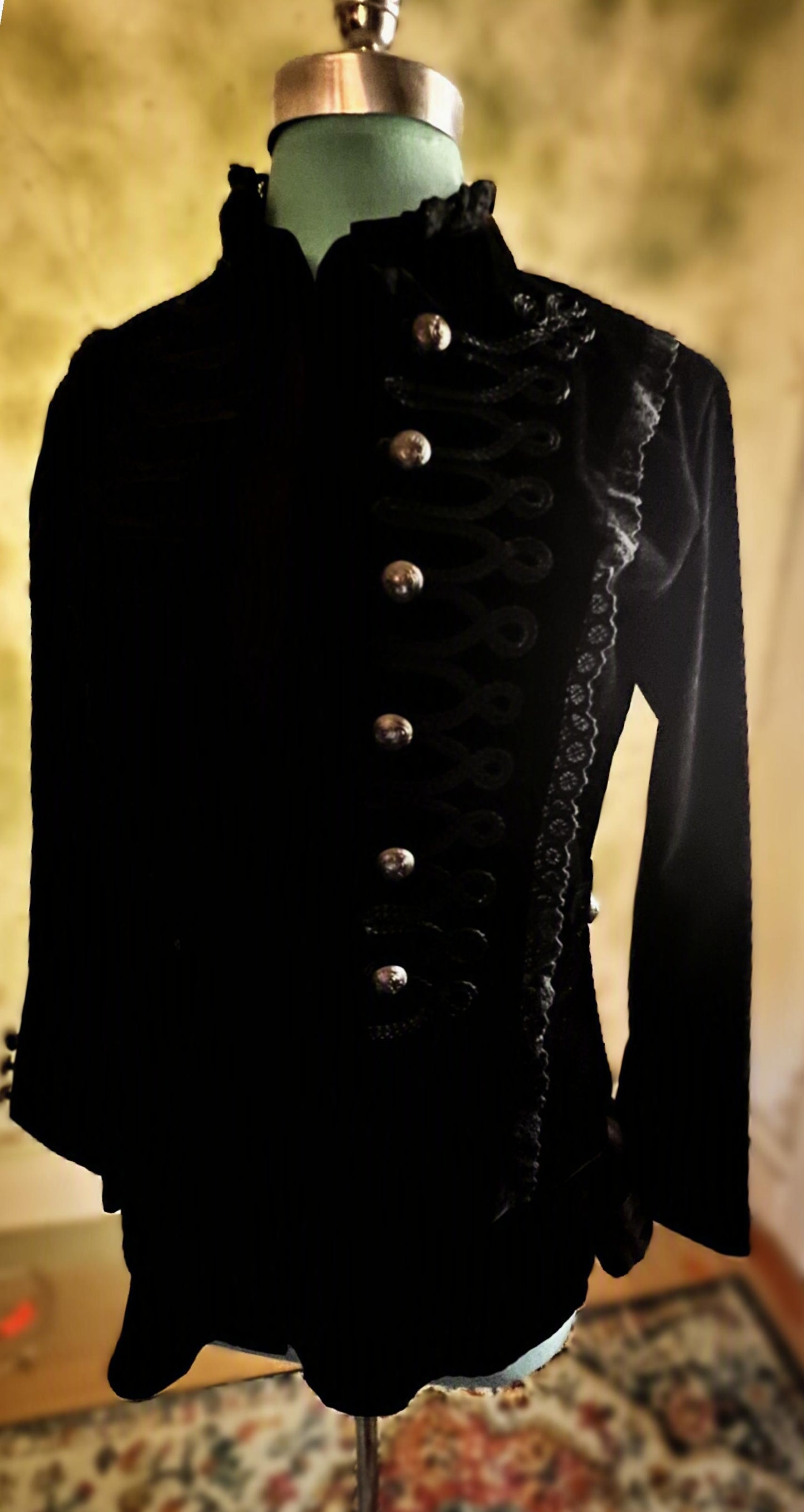 Black Velvet Military Jacket with Braided Trim & Silver Buttons