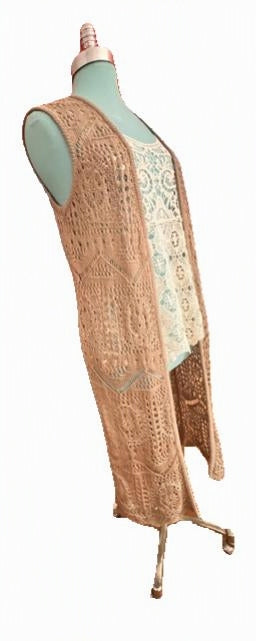 Chelsea & Theodore Long Crochet Open-Front Sweater Vest Size Medium Boho Duster