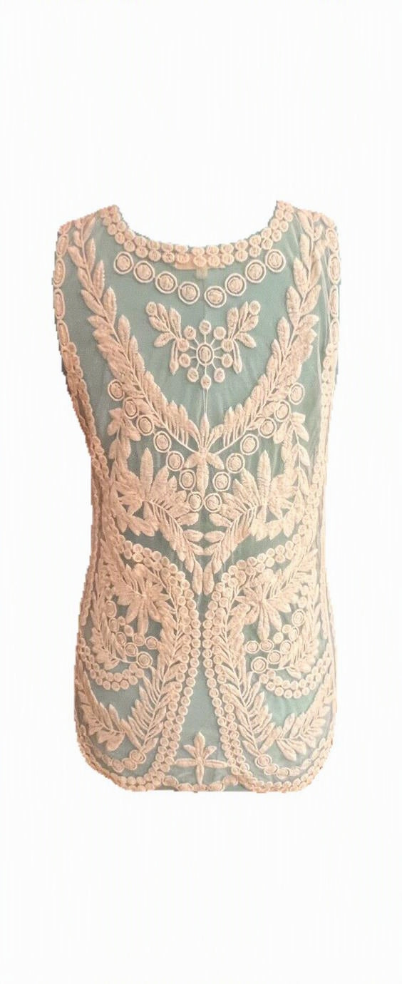 Capri Ivory Embroidered Lace Mesh Sleeveless Tunic Top Size Medium