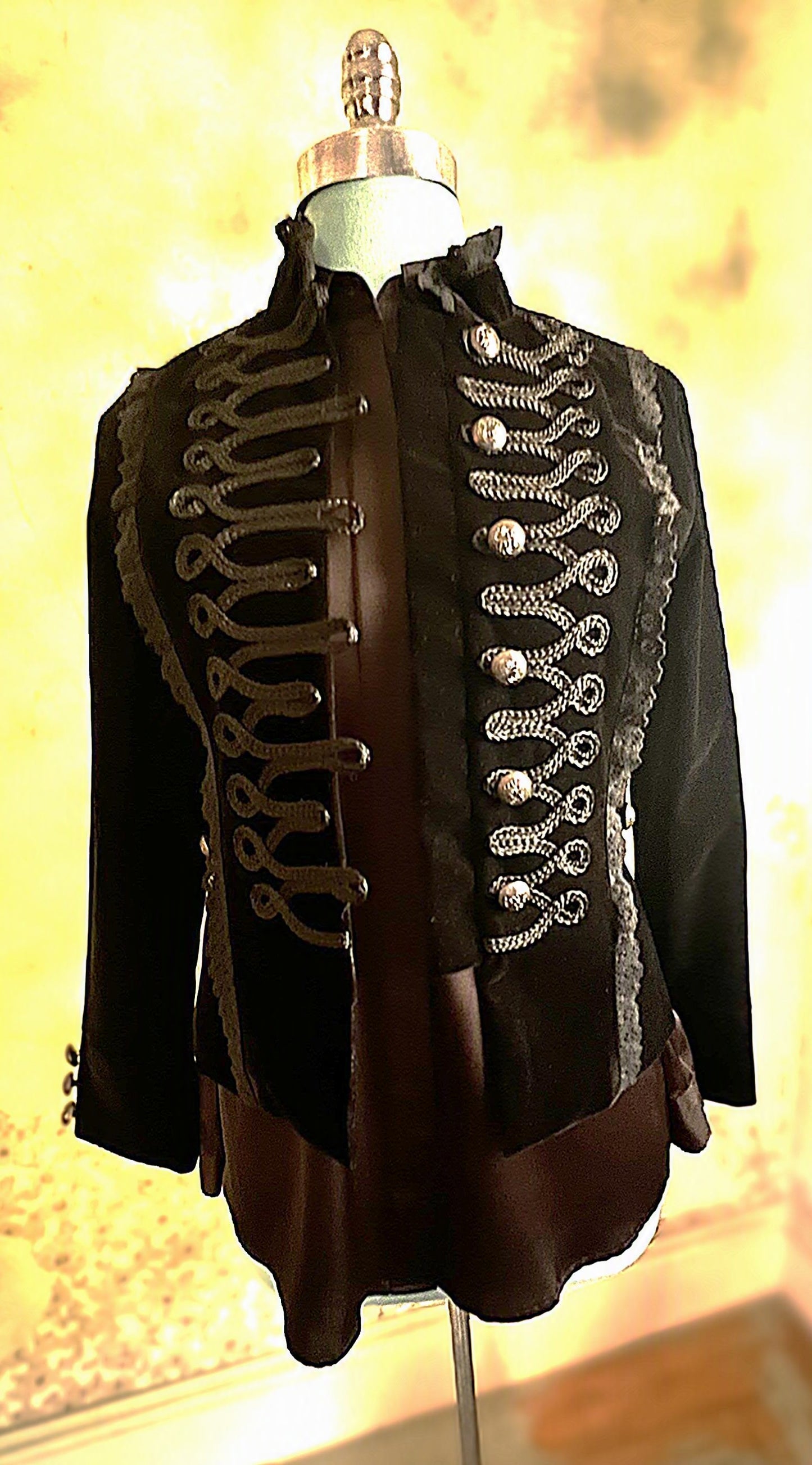 Black Velvet Military Jacket with Braided Trim & Silver Buttons