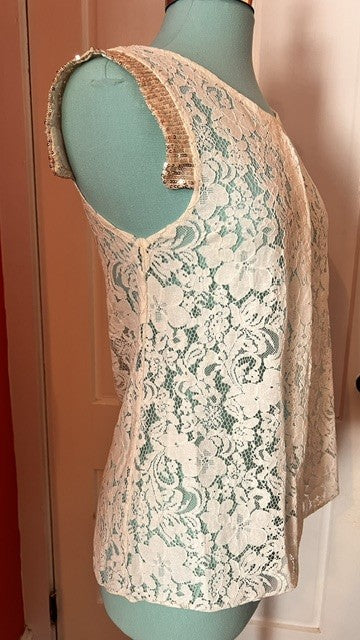 Civico 51 Made in Italy Ivory Lace Blouse Size Small Sequin Cap Sleeves