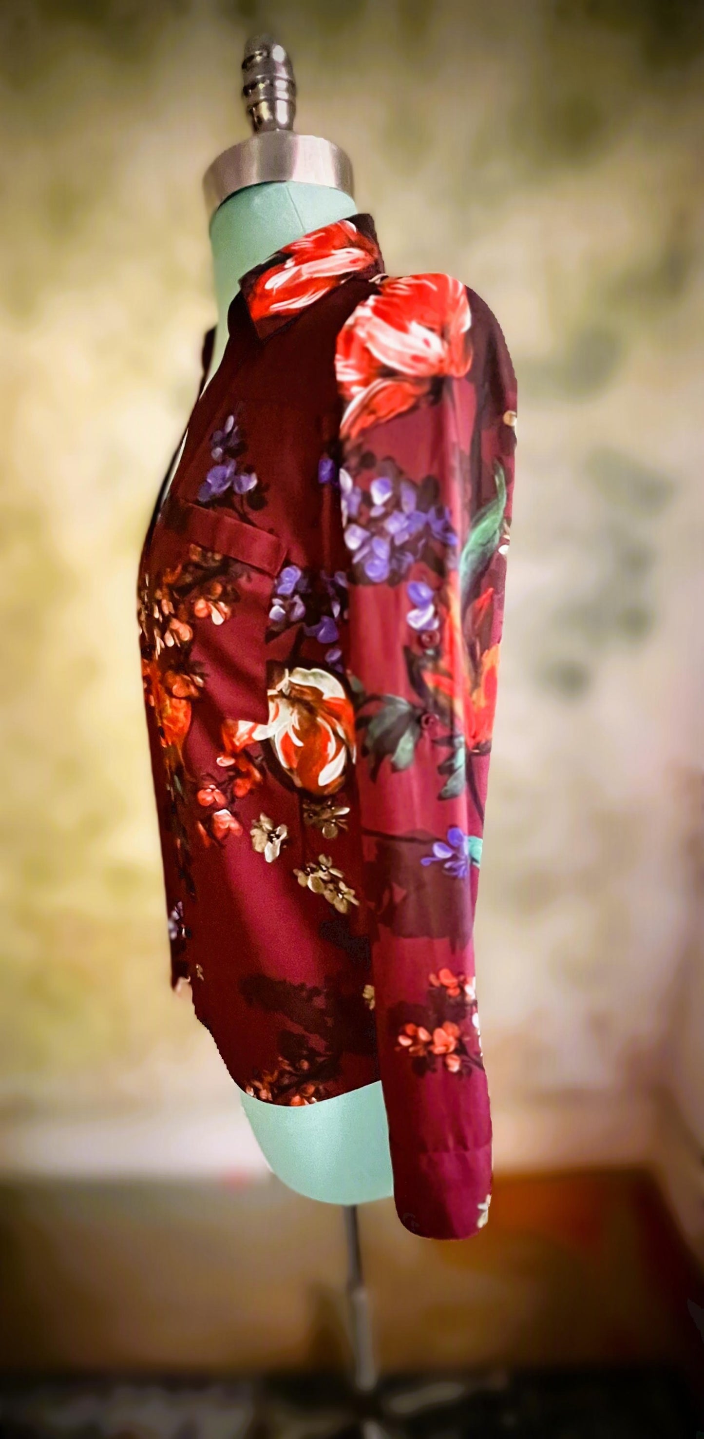 Express Burgundy Floral Satin Button-Down Blouse – XS