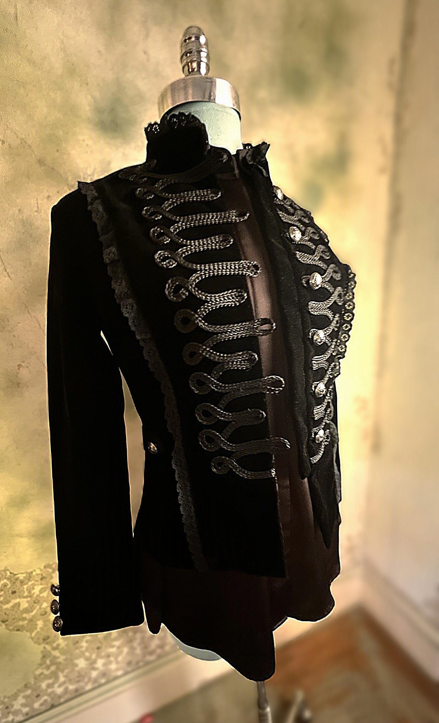 Black Velvet Military Jacket with Braided Trim & Silver Buttons