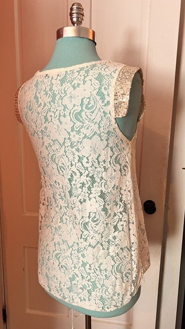 Civico 51 Made in Italy Ivory Lace Blouse Size Small Sequin Cap Sleeves