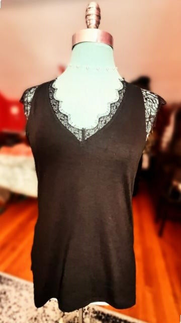 Black Eyelash Lace Cap Sleeve Top S Free People Style