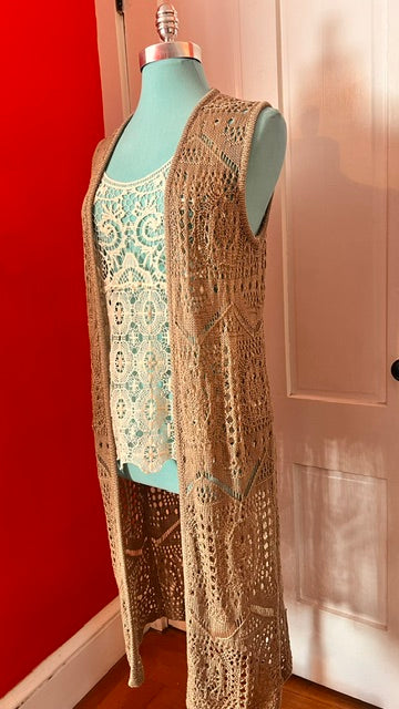 Chelsea & Theodore Long Crochet Open-Front Sweater Vest Size Medium Boho Duster
