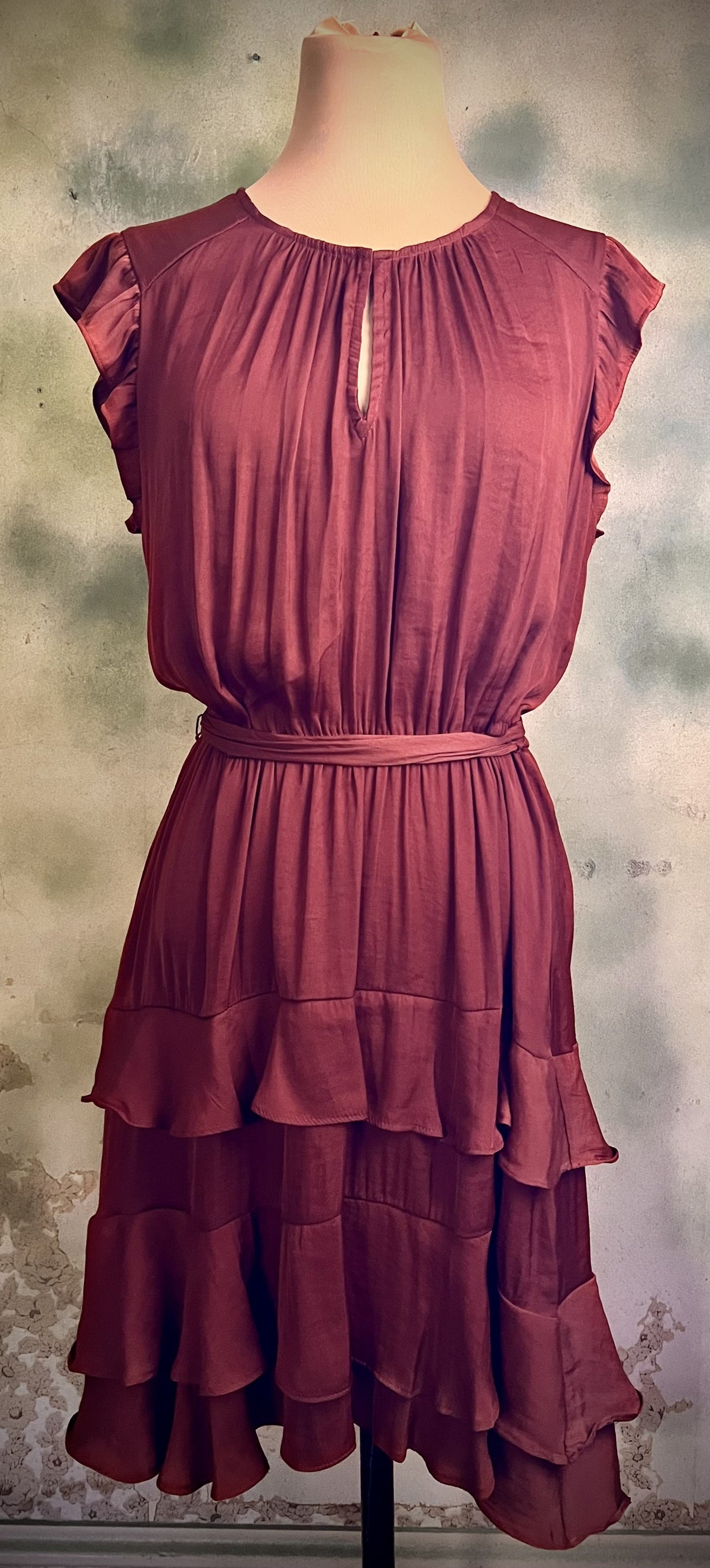 Vera Wang Rust Satin Ruffle Tiered Midi