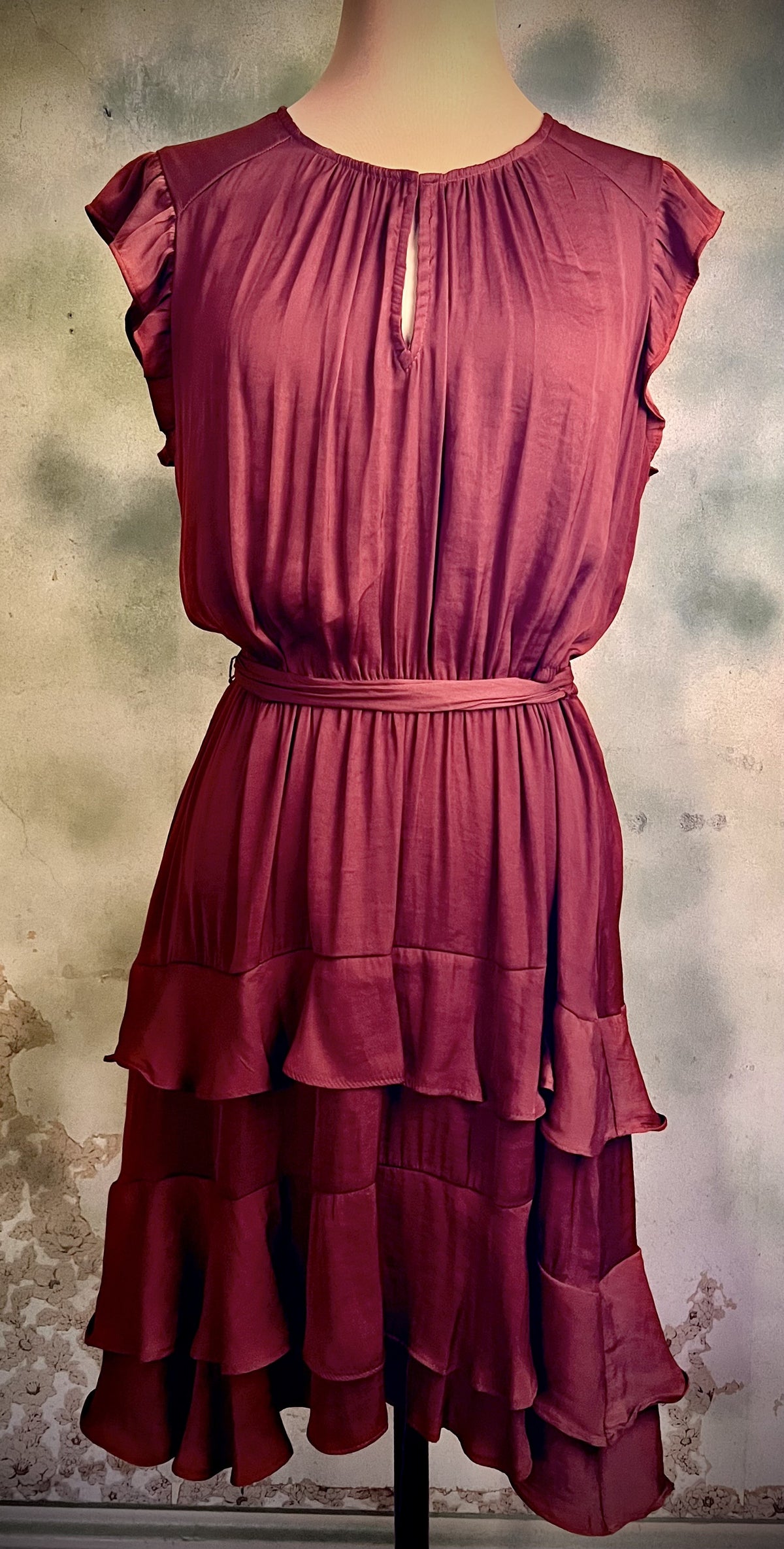 Vera Wang Rust Satin Ruffle Tiered Midi
