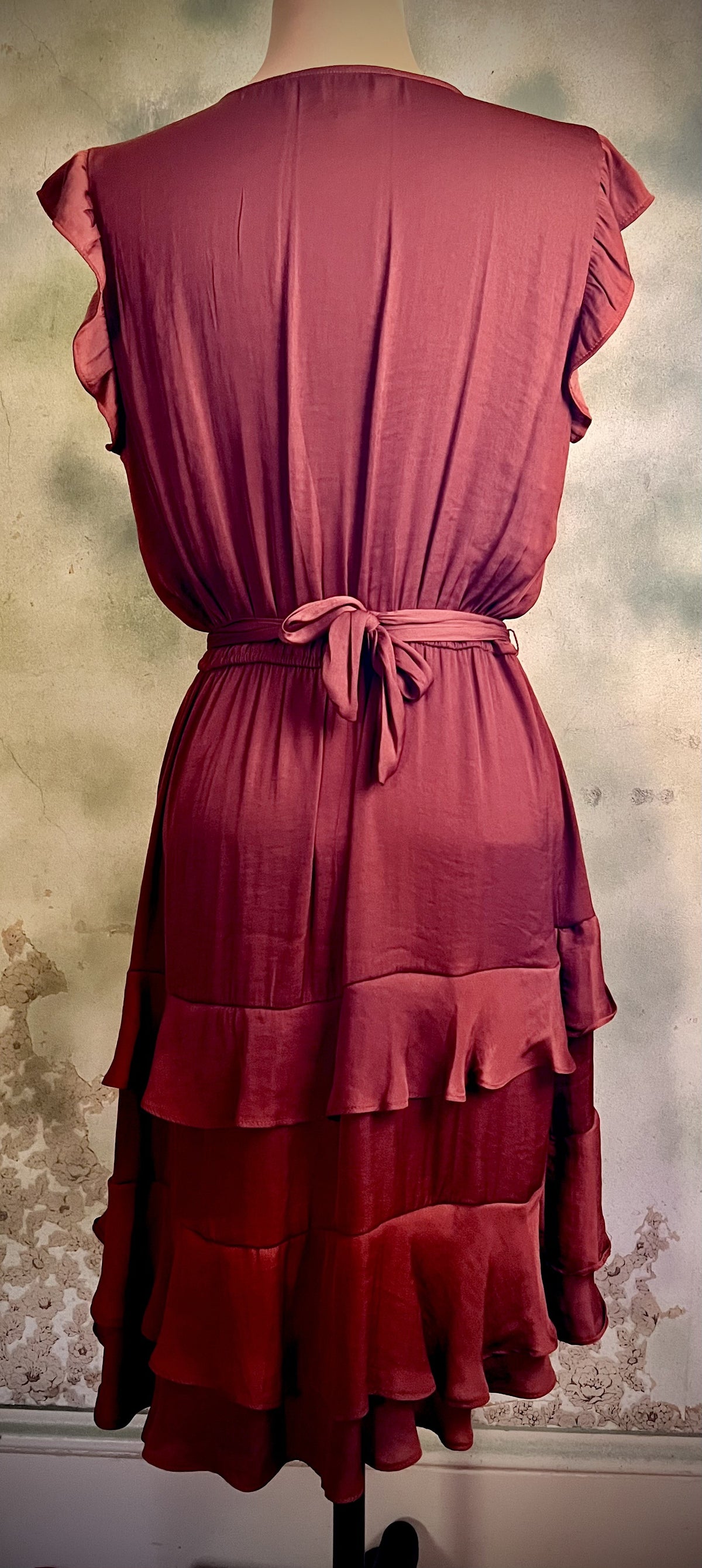 Vera Wang Rust Satin Ruffle Tiered Midi