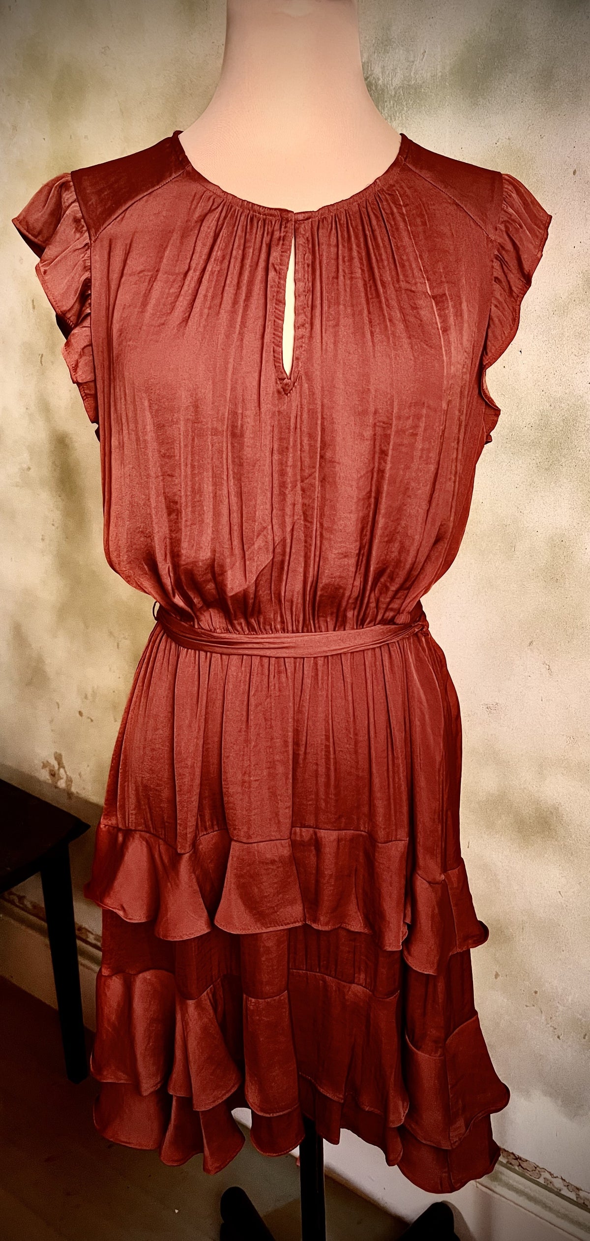 Vera Wang Rust Satin Ruffle Tiered Midi