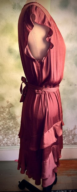 Vera Wang Rust Satin Ruffle Tiered Midi