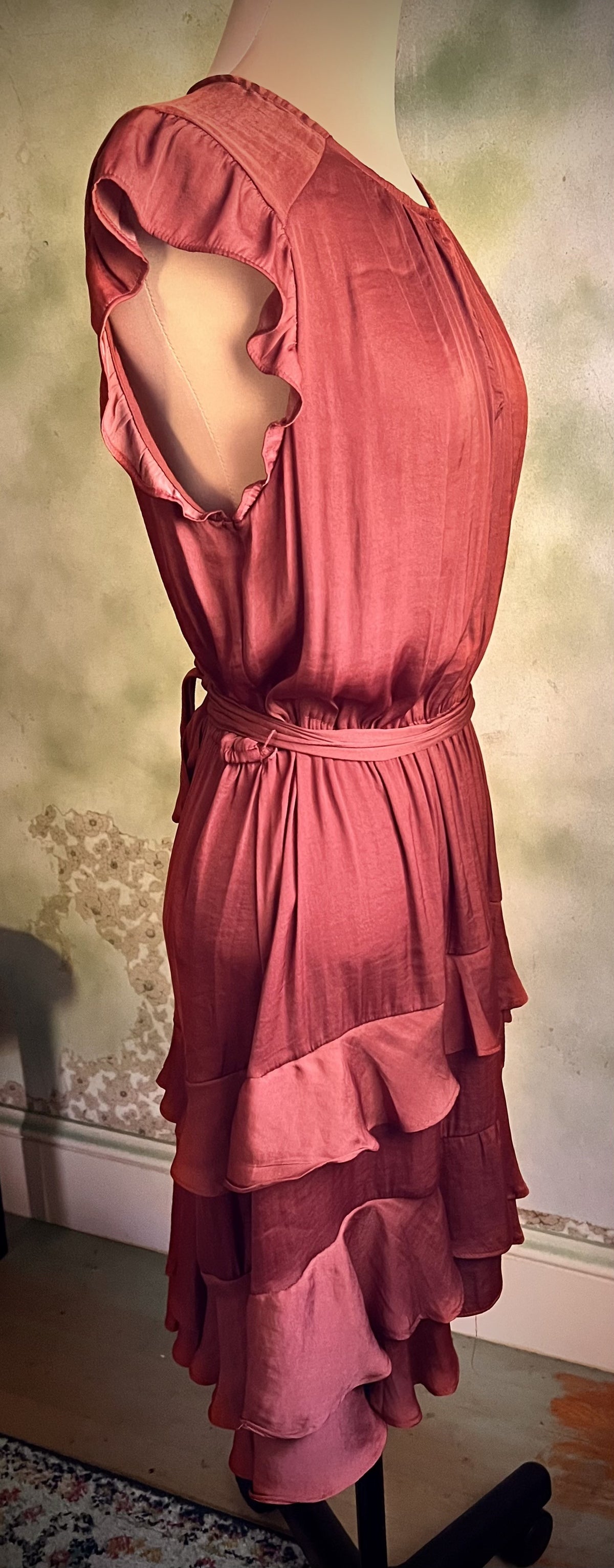 Vera Wang Rust Satin Ruffle Tiered Midi