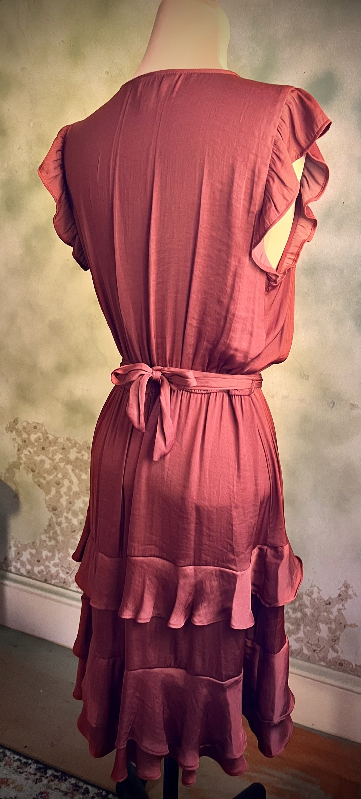 Vera Wang Rust Satin Ruffle Tiered Midi