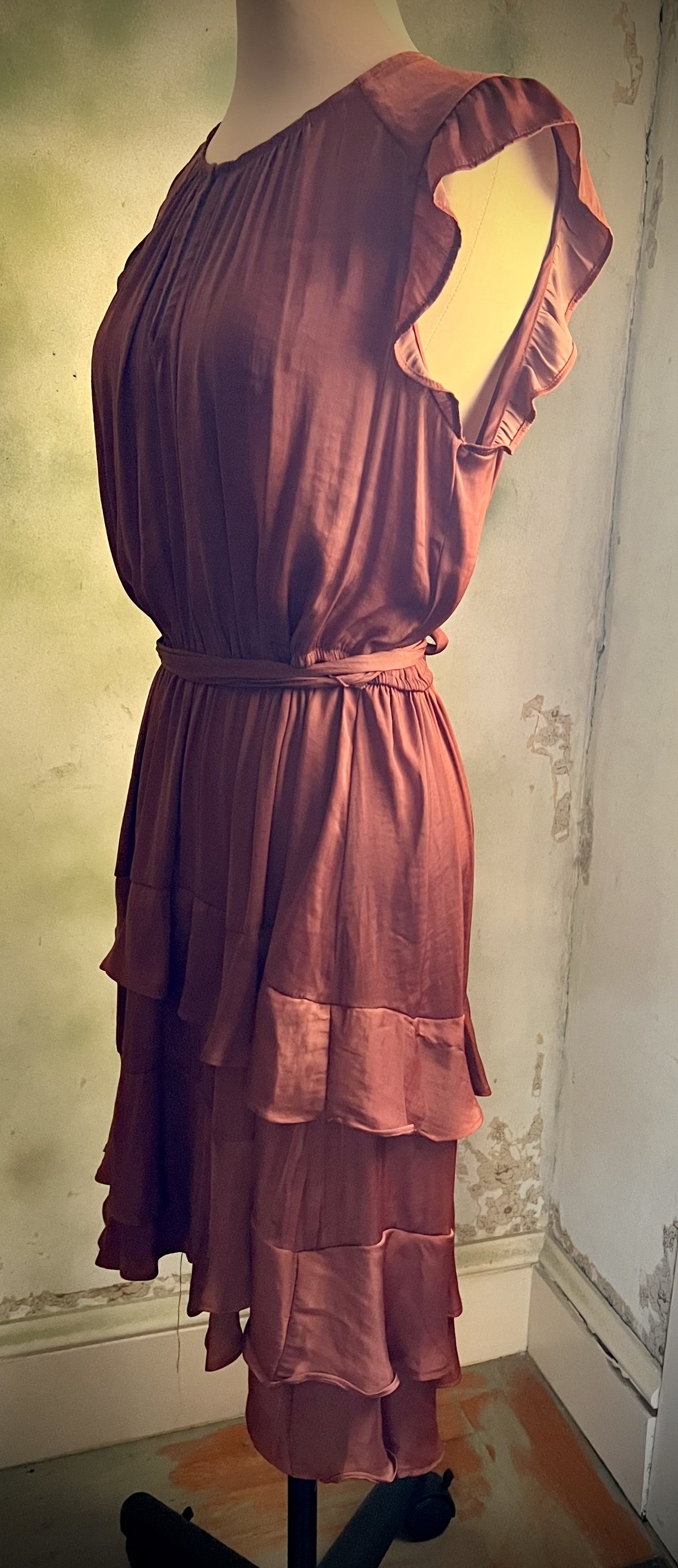 Vera Wang Rust Satin Ruffle Tiered Midi