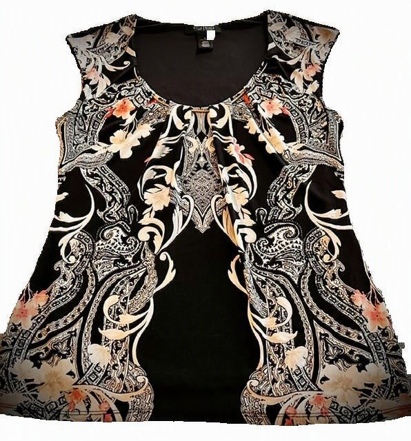 WH/BM Black Ornate Floral Scroll Print Cap Sleeve Top
