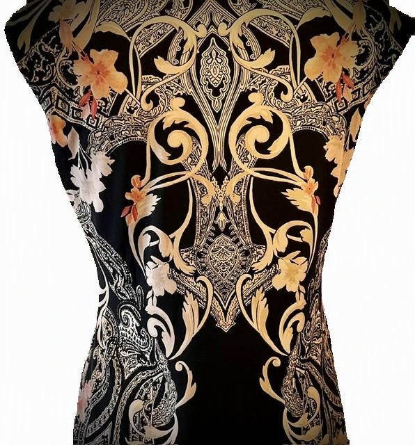 WH/BM Black Ornate Floral Scroll Print Cap Sleeve Top