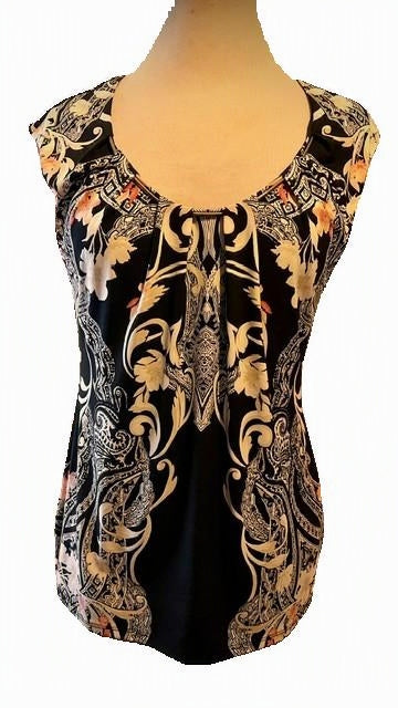 WH/BM Black Ornate Floral Scroll Print Cap Sleeve Top