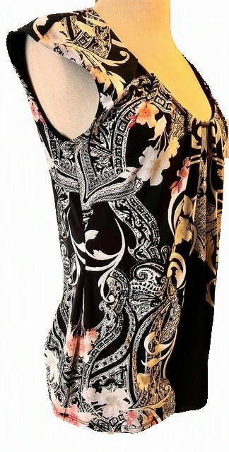 WH/BM Black Ornate Floral Scroll Print Cap Sleeve Top