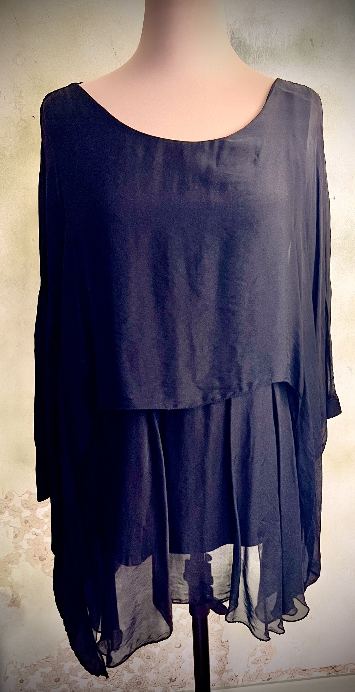 'Made in Italy' Size Small Black Sheer Asymmetrical Draped Tunic Blouse