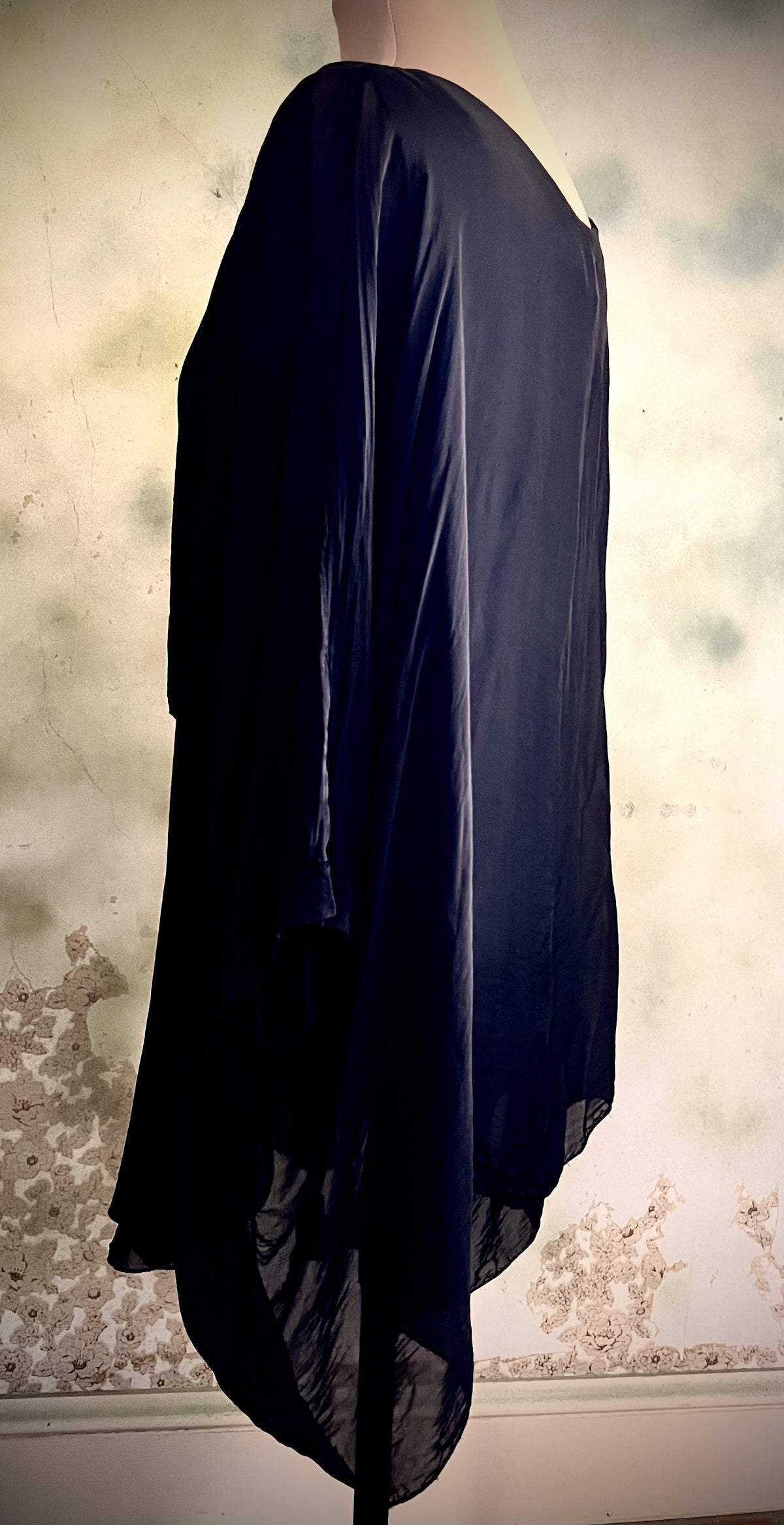 'Made in Italy' Size Small Black Sheer Asymmetrical Draped Tunic Blouse