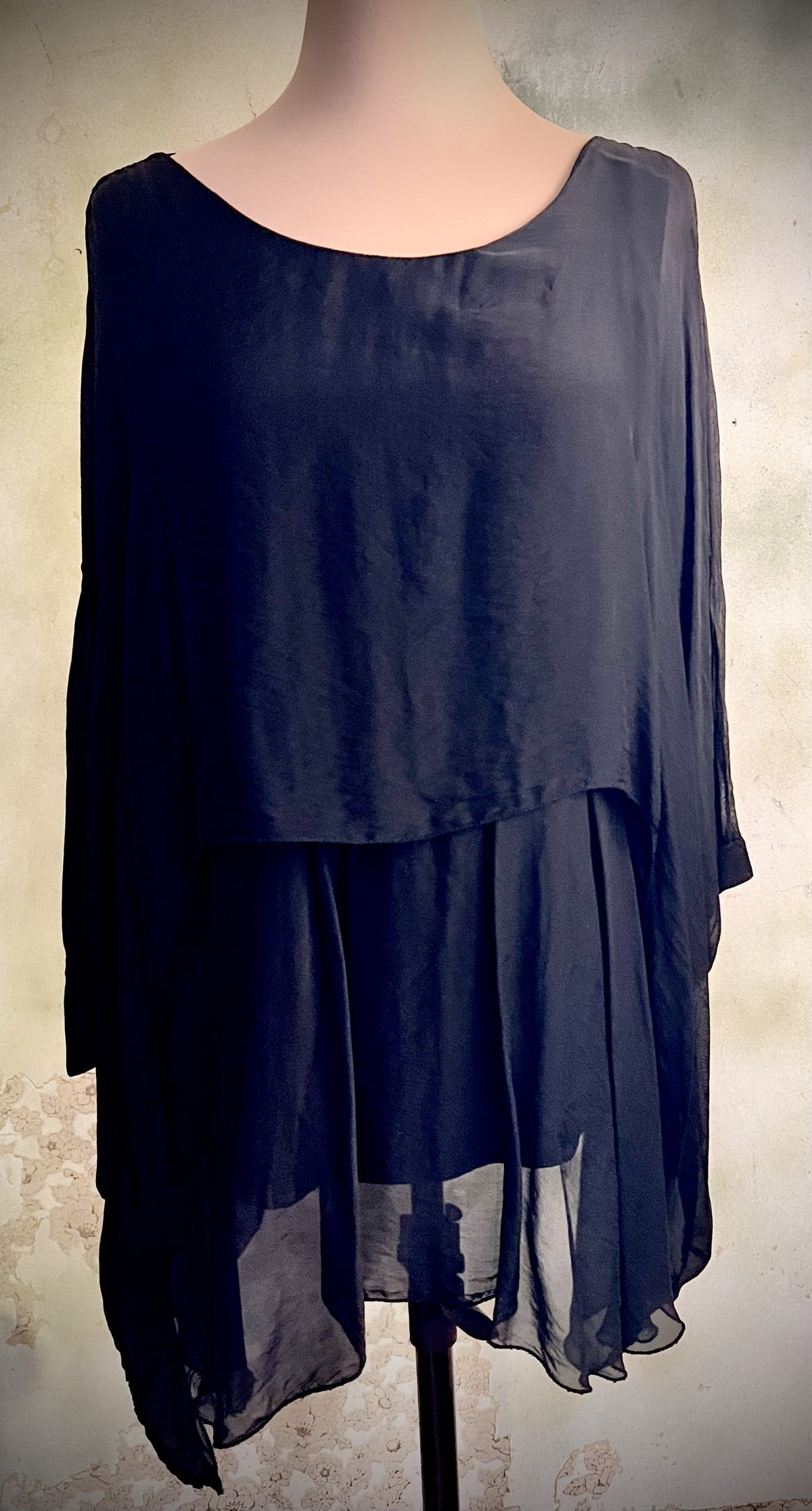 'Made in Italy' Size Small Black Sheer Asymmetrical Draped Tunic Blouse