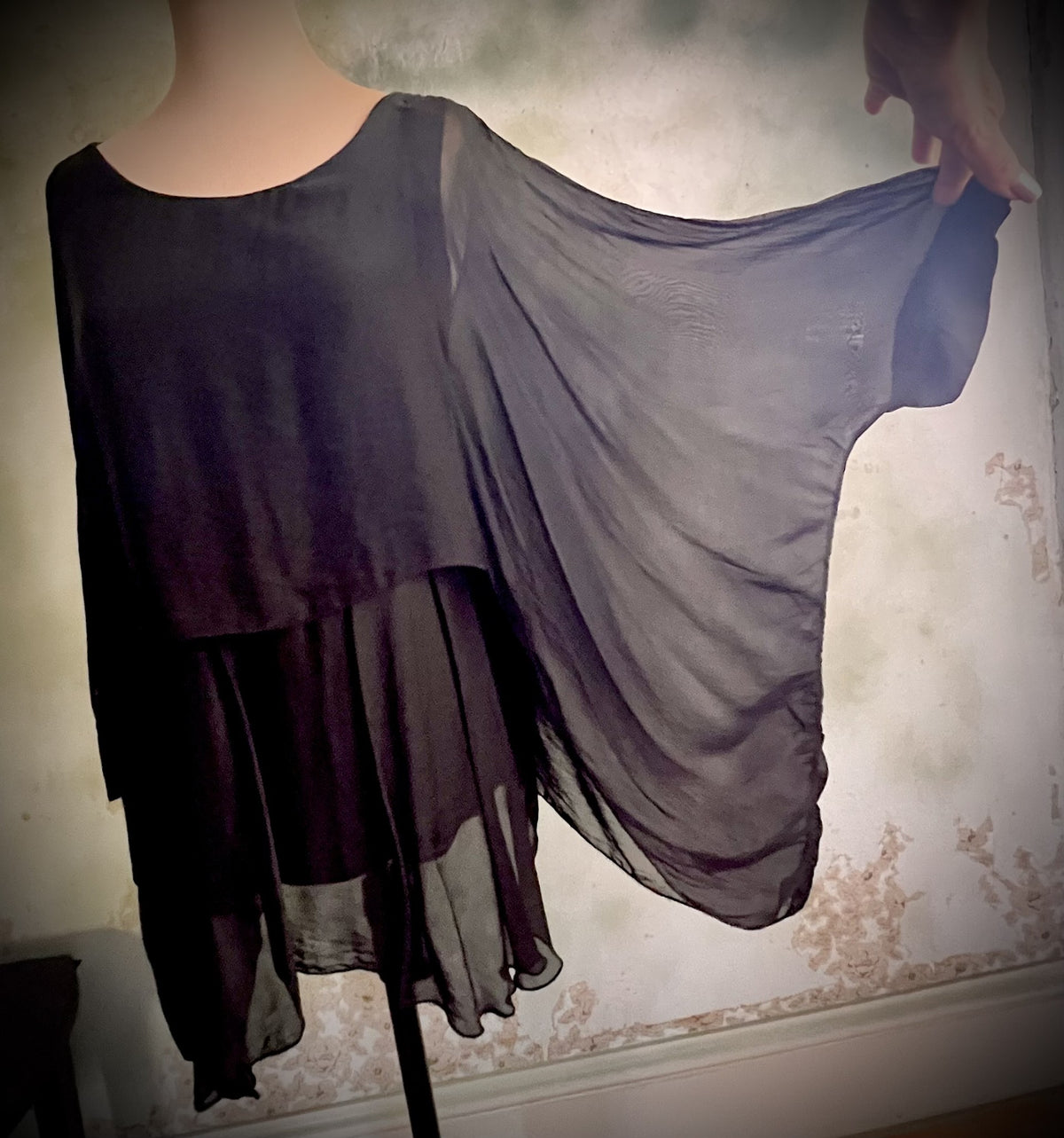 'Made in Italy' Size Small Black Sheer Asymmetrical Draped Tunic Blouse