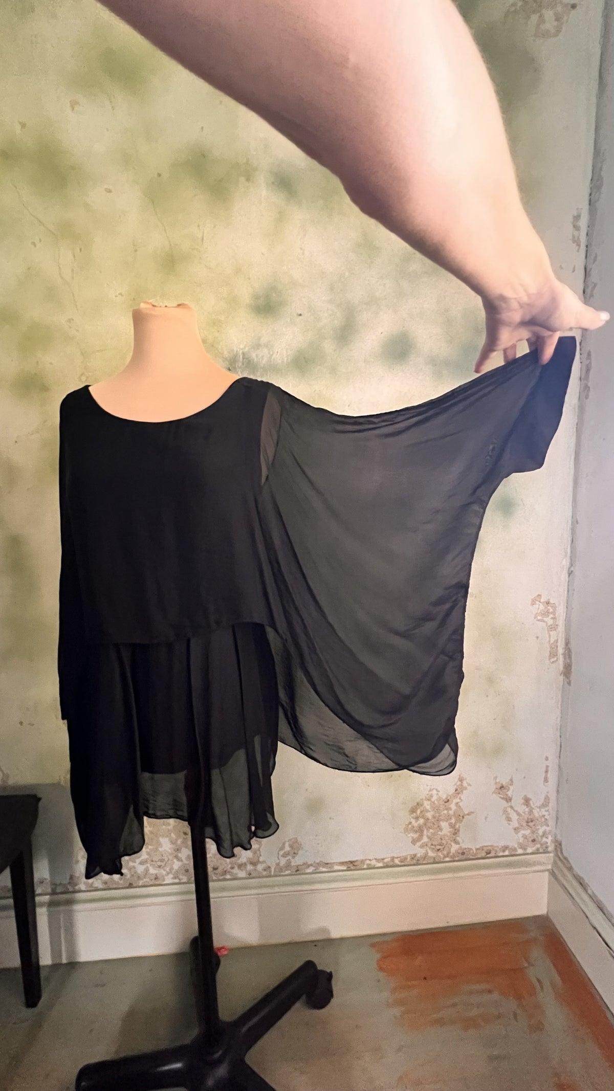 'Made in Italy' Size Small Black Sheer Asymmetrical Draped Tunic Blouse