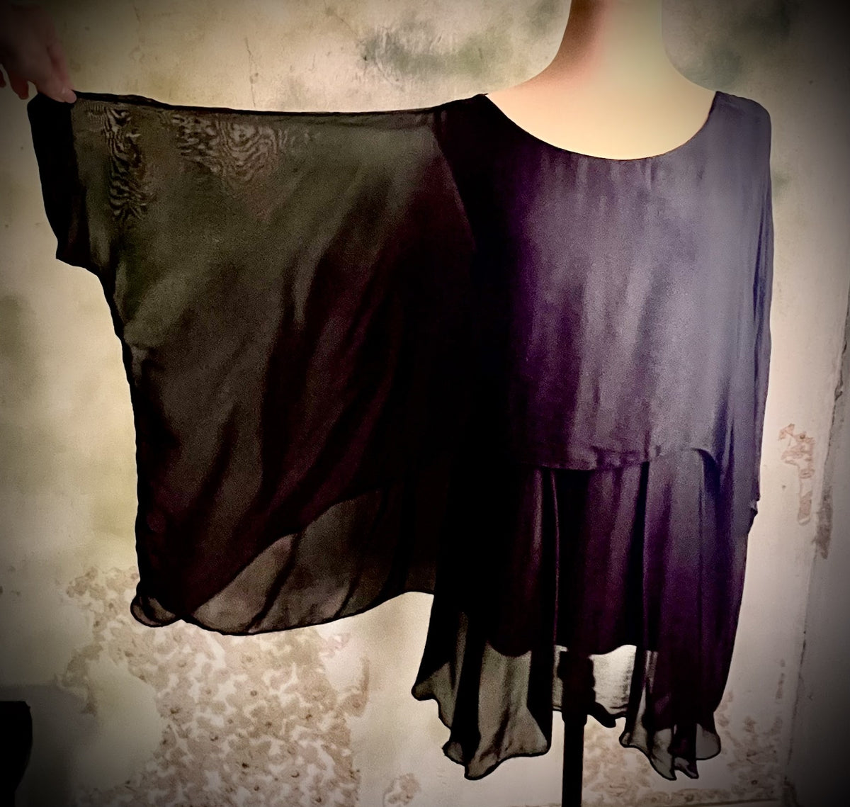 'Made in Italy' Size Small Black Sheer Asymmetrical Draped Tunic Blouse