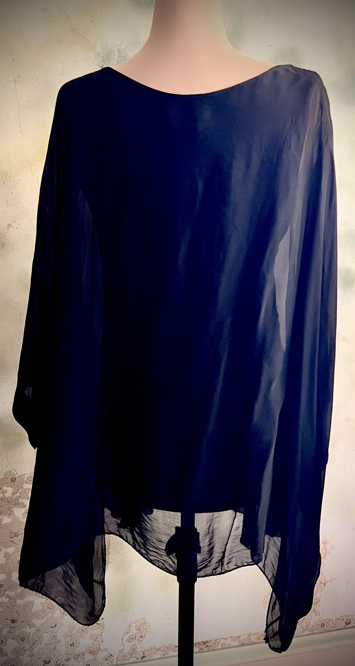 'Made in Italy' Size Small Black Sheer Asymmetrical Draped Tunic Blouse