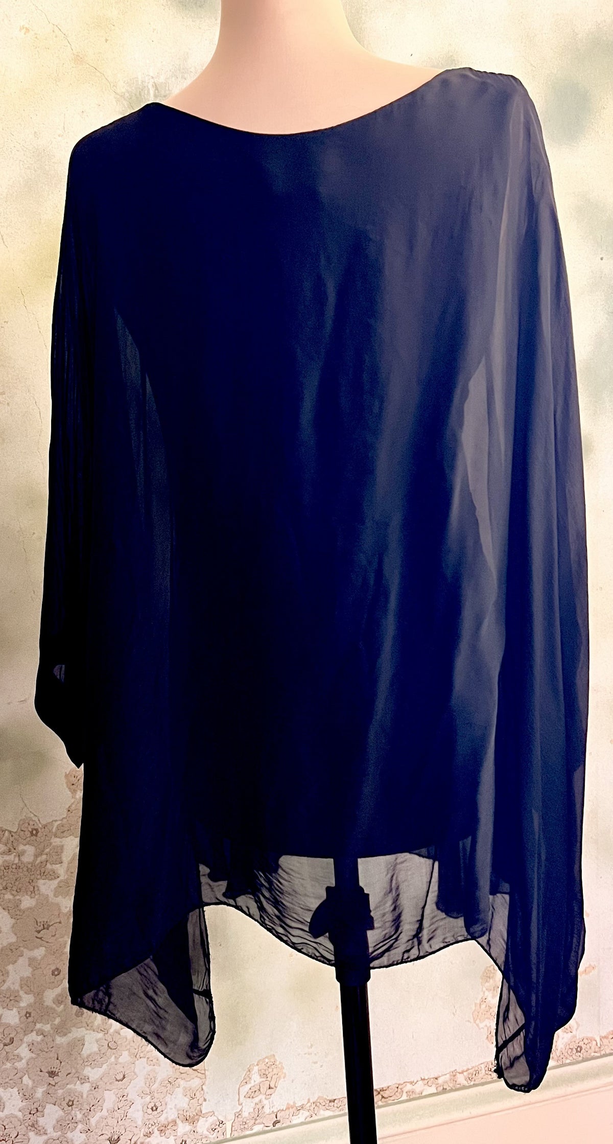 'Made in Italy' Size Small Black Sheer Asymmetrical Draped Tunic Blouse