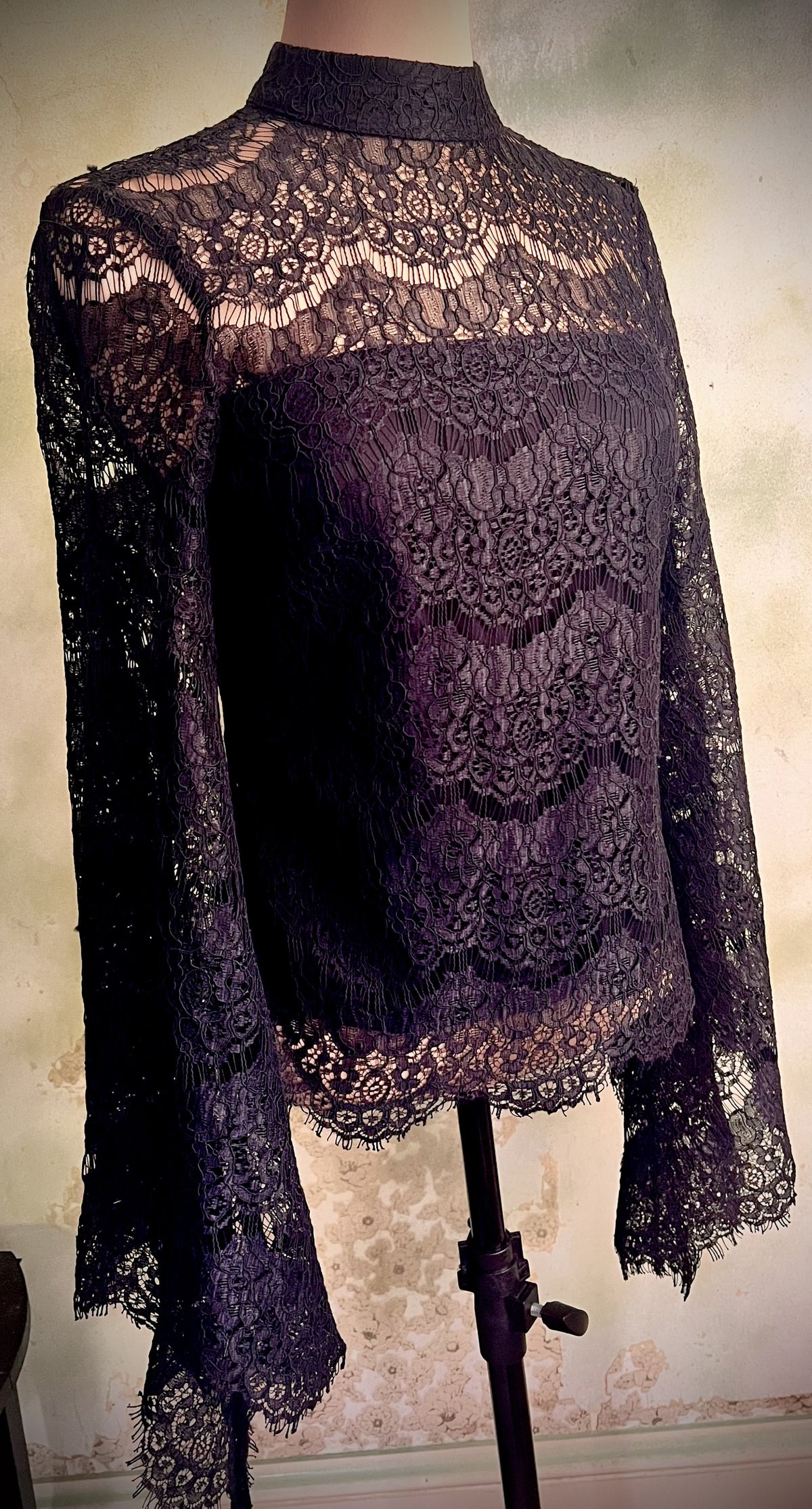 Venus Size 2 Black Lace High Neck Bell Sleeve Blouse